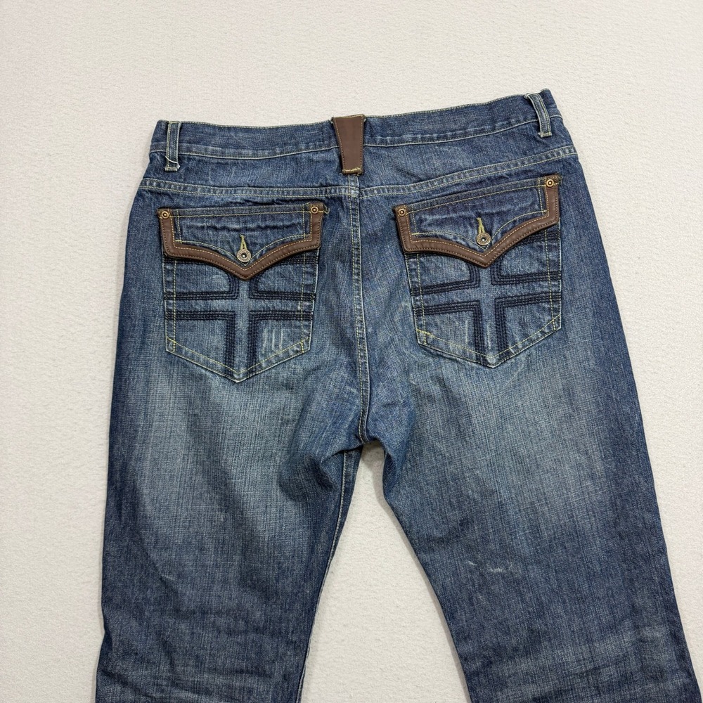 Vintage No Boundaries Embroidered Jeans Men 38x30 Blue Leather Trim y2k Straight